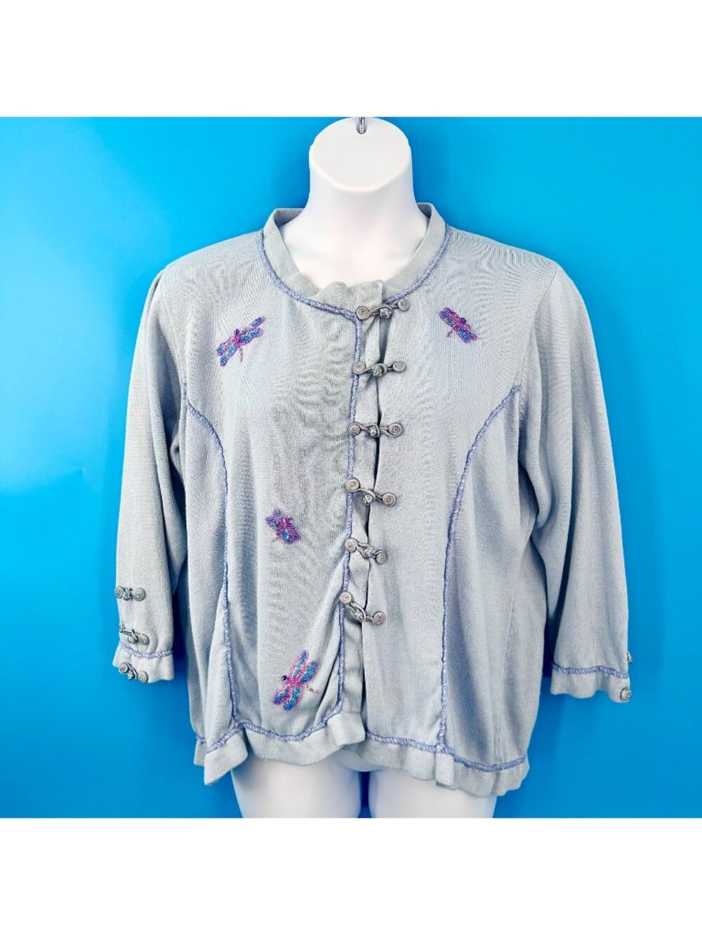 STORYBOOK KNITS LT BLUE BEADED DRAGONFLY KNOT CLOSURE RUFFLE CARDIGAN SWEATER 2X